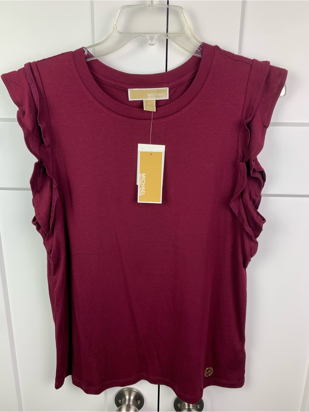 NWT MICHAEL KORS MEDIUM Dark Ruby Ruffle Cap Sleeve Top Romantic Cottagecore